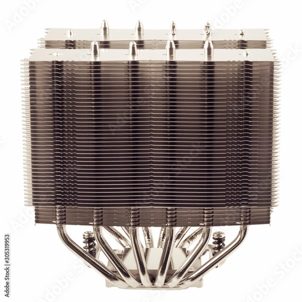 Fototapeta Modern computer two sectional radiator of cpu cooler with heat pipes isolated on white background. High-performance air cooler for cooling the hottest processors of today.