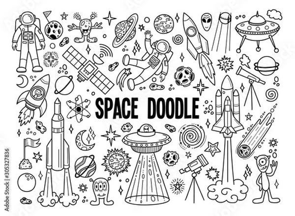 Fototapeta Ręcznie rysowane doodles kreskówka zestaw obiektów kosmicznych i symboli. Doodle obiektów na białym tle. Ilustracji wektorowych.