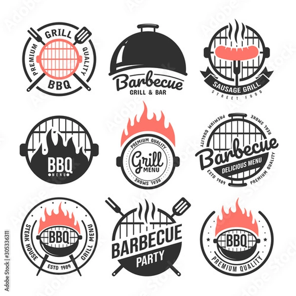 Fototapeta Zestaw etykiet do grilla i grilla. Kolekcja emblematów i odznak BBQ. Elementy projektu menu restauracji. Ilustracji wektorowych
