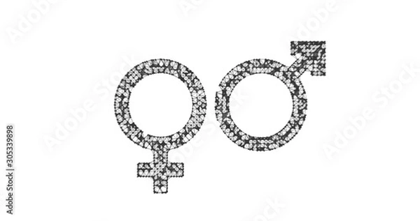 Fototapeta Gender icon. Male and female sex symbols. Illustration in the form of a starry sky or space, consisting of points, lines, and shapes in the form of stars with destruct shapes. White background.