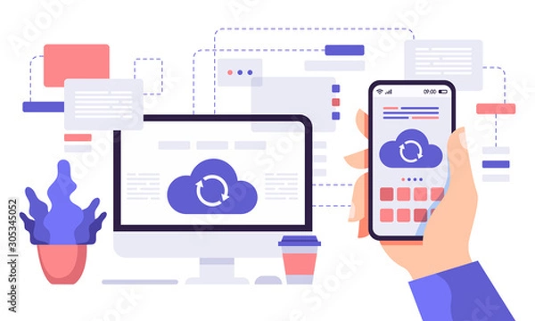 Fototapeta Cloud synchronization. Computer and phone cloud services, network computing technology users network vector flat illustration