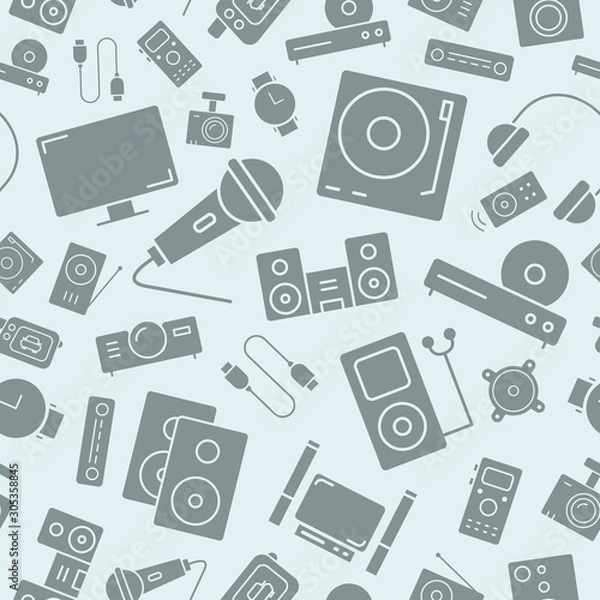 Obraz Digital video and audio equipment background - Vector seamless pattern solid silhouettes of media technology and television for graphic design