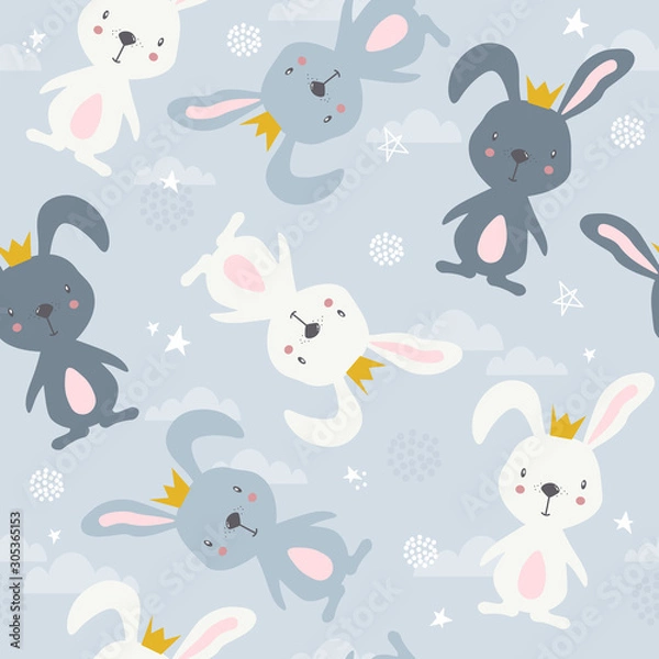 Fototapeta Bunnies and stars hand drawn backdrop. Colorful seamless pattern with animals, sky. Decorative cute wallpaper, good for printing. Overlapping background vector. Design illustration, rabbits