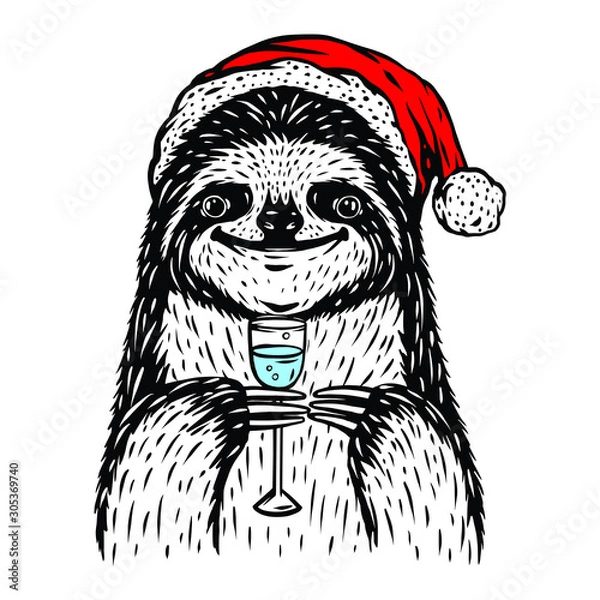 Obraz Vector Sloth Santa illustration isolated on white. T shirt design. Drinking champagne animal poster. New Year Christmas image. 