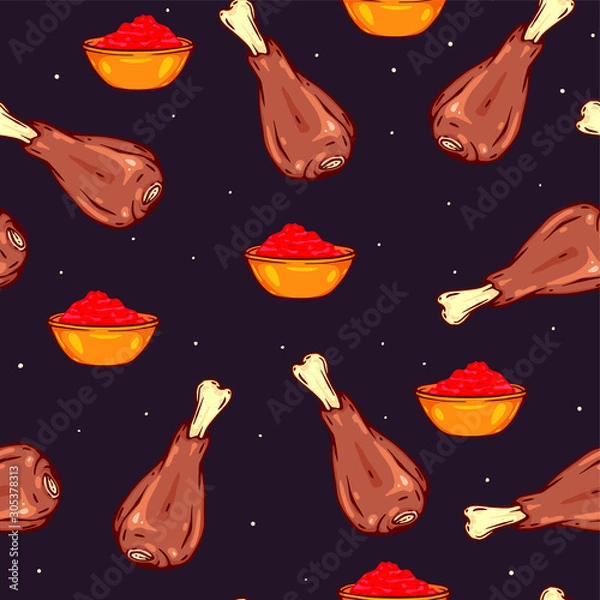 Obraz Vector seamless pattern with barbecue legs and sauce. Food background. Wallpaper drawing. Chicken meat, chili, dressing. BBQ grilled meal. Yummy, tasty, delicious hot dinner. Tablecloth design