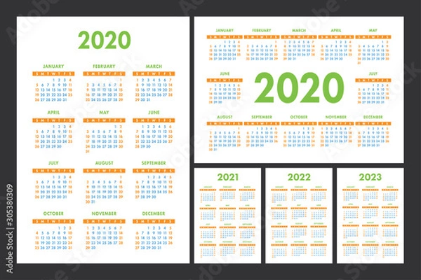 Fototapeta Calendar 2020, 2021, 2022 and 2023. English color vector set. Wall or pocket calender template. Design collection. New year. Week starts on Sunday
