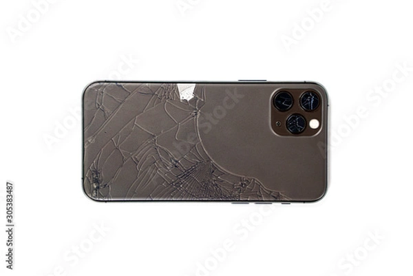 Obraz Broken lens on smartphone, isolated white background, back side, lens, camera