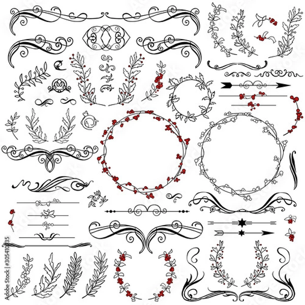 Fototapeta A lot of patterns for decoration. Frames, borders, dividers with mistletoe and other ornate patterns.