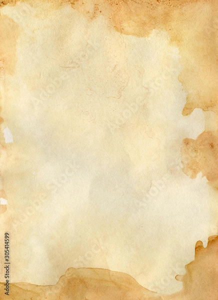 Obraz Old handmade paper. Splashes of coffee blots are brown. Texture design for old cards, invitation cards, background, wallpaper.