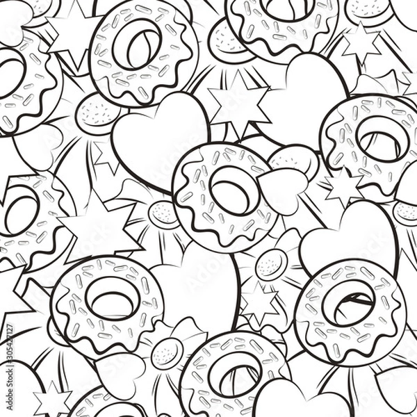 Fototapeta Cookies, heart, stars and donuts. Festive texture. Contour image of cookies, stars and hearts and cookies. Design element. Vector illustration.
