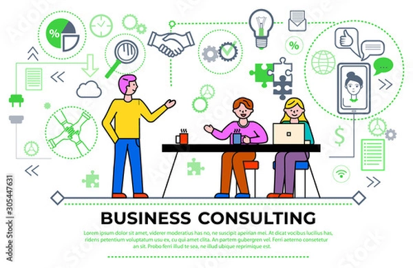Fototapeta Business consulting meeting of workers, businesspeople brainstorming and discussing problems. Man and woman with laptop and tutor. Diagrams and charts, gears and magnifying glass icon vector