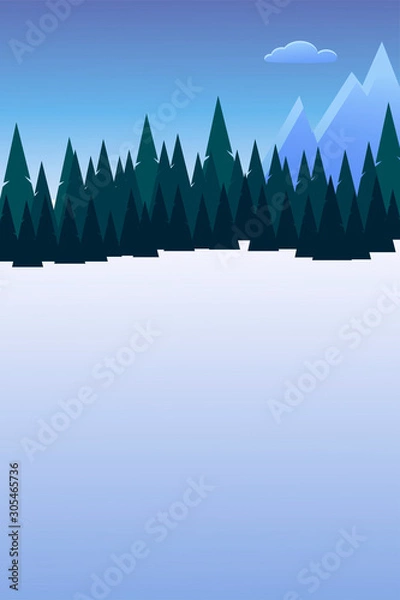 Obraz Template for winter postcard. Christmas postcard. Postcard with mountain and christmas tree. Flat style. Vector