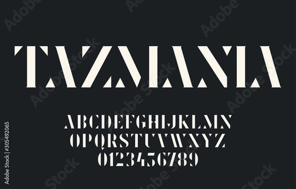 Obraz Elegant geometric stencil font with triangular elements and serifs. Vector alphabet and numbers