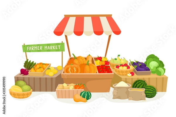 Fototapeta Vegetable fruit local farmer market in cartoon style