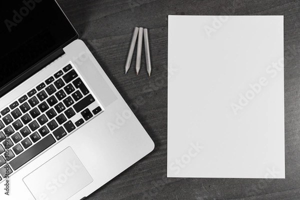 Fototapeta Flat lay photography with laptop, colored pencils and blank paper mockup