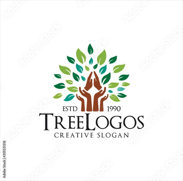 Fototapeta hand tree logo Design Vector illustration . Prayer Tree Logo . People Tree Logo Design .