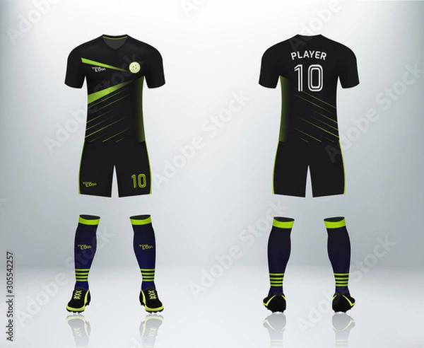 Fototapeta 3D realistic mock up of front and back of soccer jersey shirt. Concept for black soccer team uniform or football apparel mockup. Blue soccer kit t-shirt template design in vector illustration.