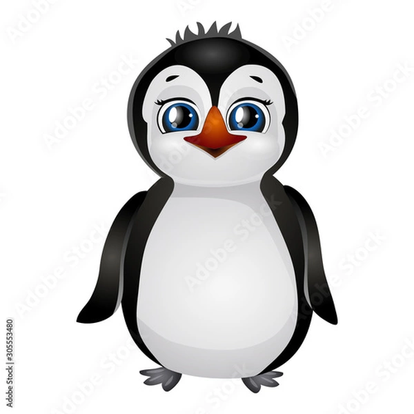 Fototapeta Cute cartoon penguin isolated on a white background. Flat style.