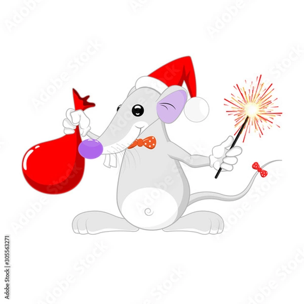 Fototapeta Cartoon character. Cute smiling white rat in a Christmas hat, with a bag of gifts and sparkler in his hands.