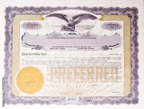 Obraz Stary amerykański certyfikat giełdowy Medalion Eagle American