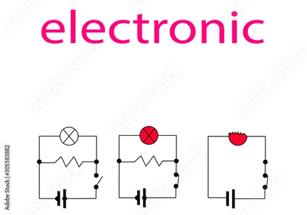 Obraz black line electronic diagram lamp resistance and battery cell with texts isolated on white background basic electronic learning vector eps 10