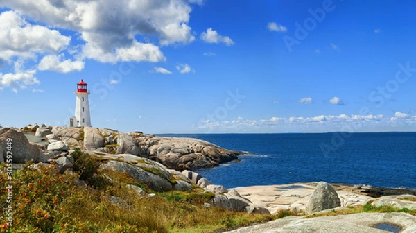 Obraz Panorama portu ze słynną latarnią morską Peggys Cove w Nowej Szkocji w słoneczny dzień