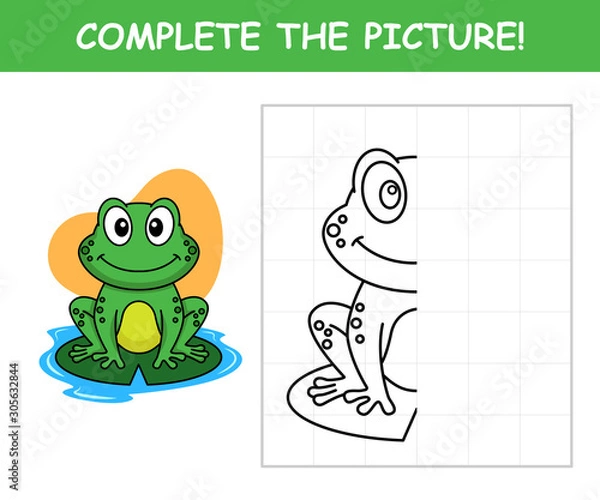 Fototapeta Complete the picture, cute frog vector cartoon illustration
