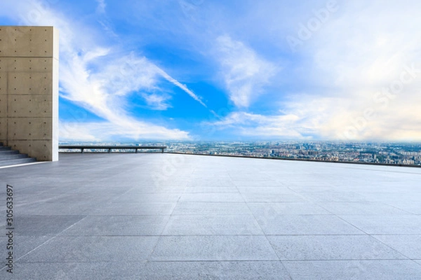 Fototapeta Empty floor and city skyline with beautiful clouds scenery in Shanghai.high angle view.
