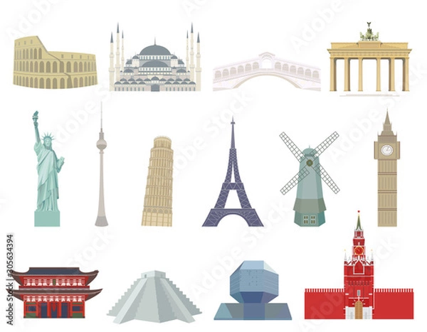 Obraz  World tourist architectural landmarks. 14 Color icons in a flat style set. Isolated illustration on a white background.