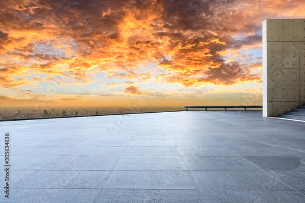 Fototapeta Empty floor and city skyline with beautiful clouds scenery in Shanghai at sunset.high angle view.