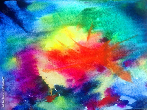 Fototapeta Watercolor abstract bright colorful textural background handmade . Painting of sky and clouds during sunset . Modern cosmic pattern . Shine