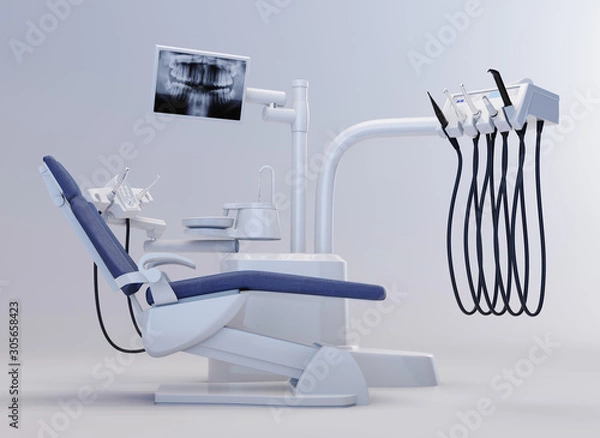 Fototapeta Modern dental chair on a white background. Dental equipment. 3d rendering
