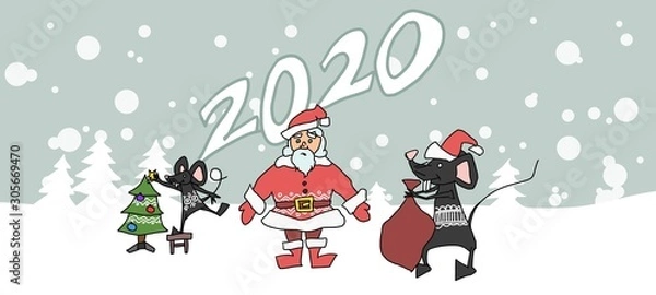 Fototapeta Santa Claus holiday mouse 2020 year poster. picture