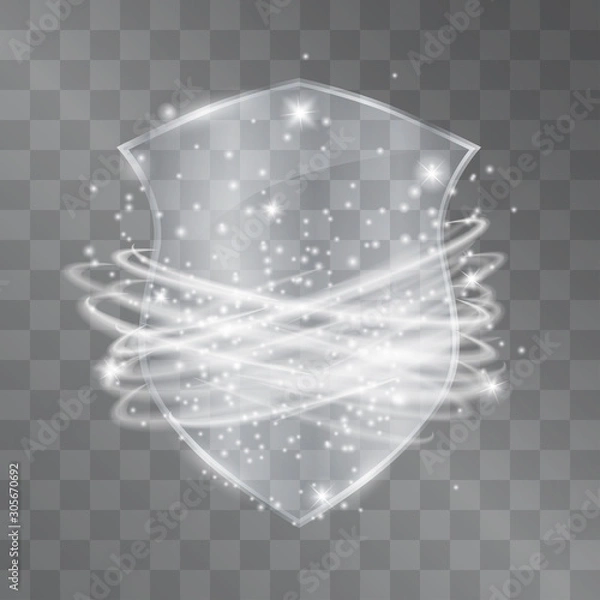Fototapeta Glass or plastic vector shield logo with swirling stormy winds around it on transparent background. Protection and safety symbol template in hi-tech style. Power, strength sign, showing resistance.