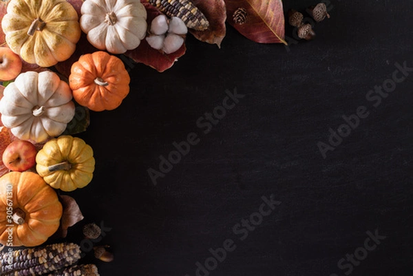 Fototapeta Top view of  Autumn maple leaves with Pumpkin and red berries on black wooden background. Thanksgiving day concept.