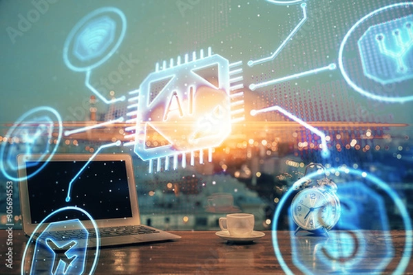 Fototapeta Technology theme drawing and work space with computer. Double exposure. Concept of innovation.