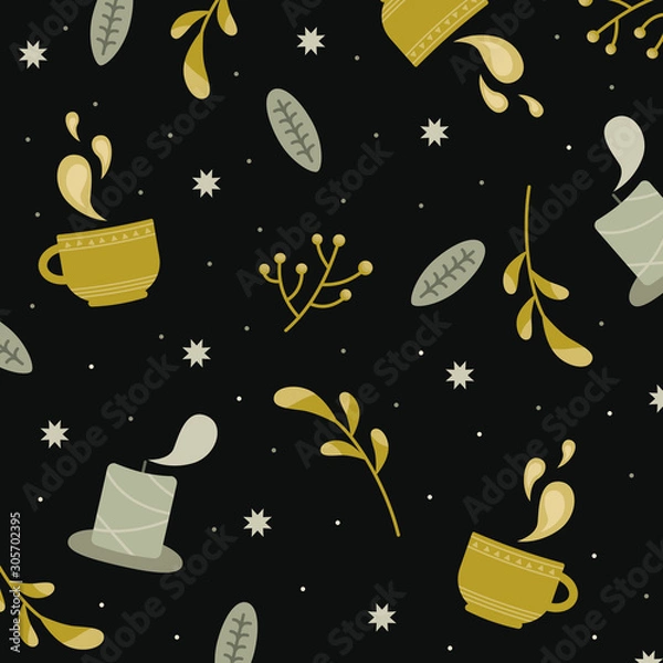 Obraz Hugge style vector pattern. Cozy, warm pattern with candles, a mug of tea on a black background