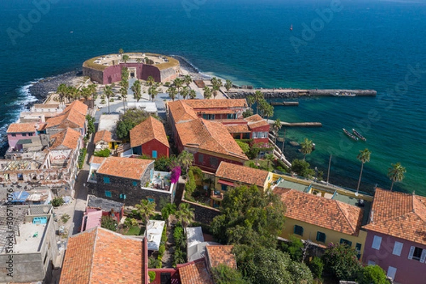 Fototapeta Aerial view of Goree Island. Gorée. Dakar, Senegal. Africa. Photo made by drone from above. UNESCO World Heritage Site.