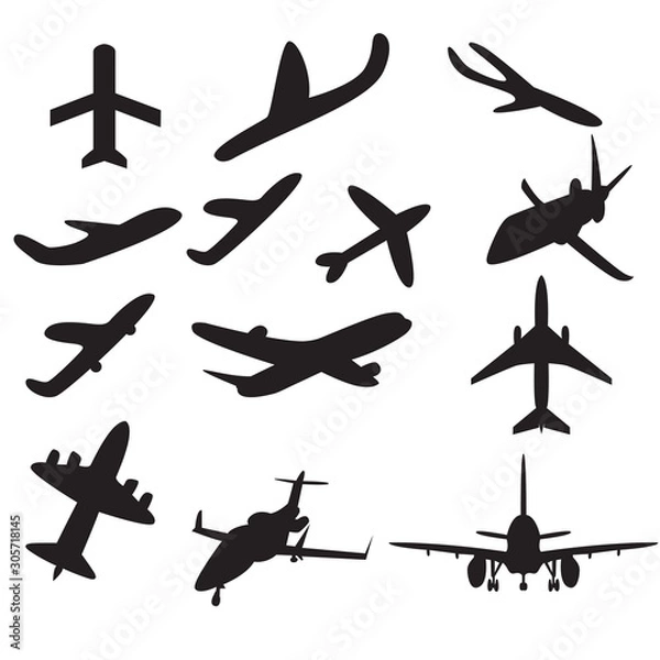 Fototapeta A set or icon collection of black planes drawings on a beige background.A group or collection of aircrafts ideal for grungy,travel,flight,transport,business or commercial designs isolated on white