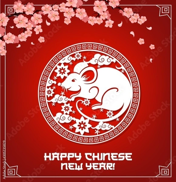 Fototapeta Happy Chinese New Year, 2020 year of rat zodiac sign, vector hieroglyph greetings. Chinese New Year holiday symbols of sakura cherry blossom, stars, flowers and clouds pattern on red background