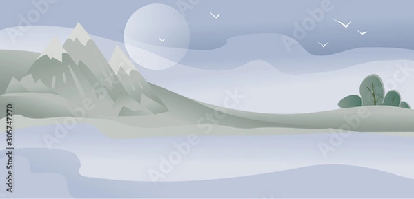 Fototapeta blue natural background with moon, mountains and forest, all in fog,