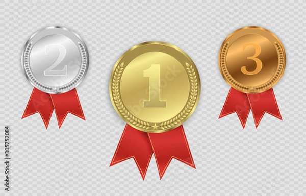 Fototapeta Champion medails with red ribbon. Banner. Winner award competition, prize medal and banner for text. Award medals isolated on transparent background. Vector illustration of winner concept.