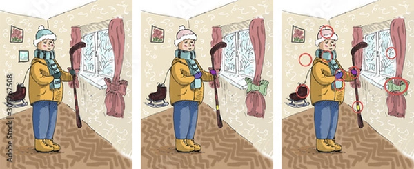 Obraz Cartoon hockey player. Cute kid in the room with hockey stick. Winter sport illustration for children. Cute colored illustration for book for finding 10 differences. 10 differences game with answers.