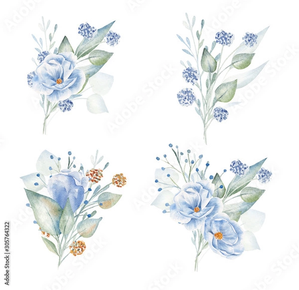 Obraz Blue and red flowers hand drawn aquarelle illustrations set