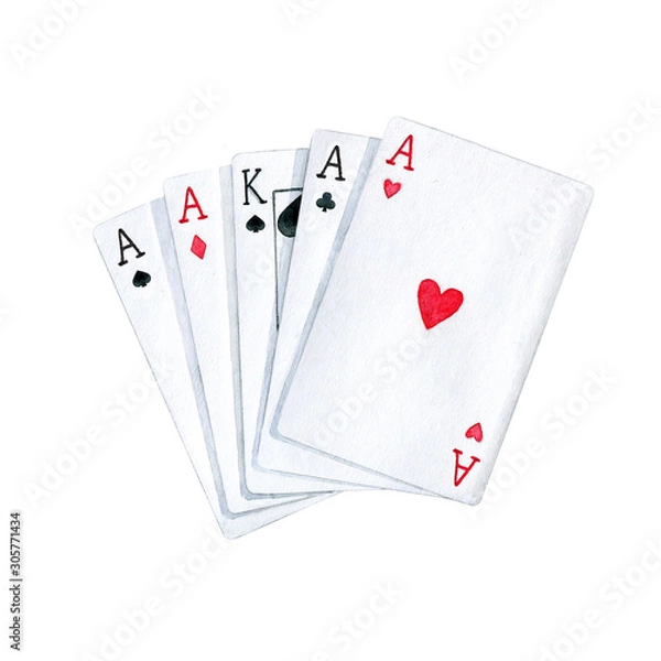 Obraz Hand drawn five playing cards isolated on white.