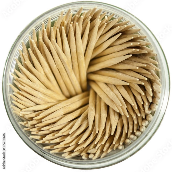 Fototapeta Toothpicks in a jar on a white background, top view