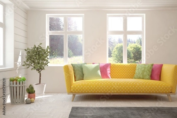 Fototapeta Stylish room in white color with sofa and summer landscape in window. Scandinavian interior design. 3D illustration