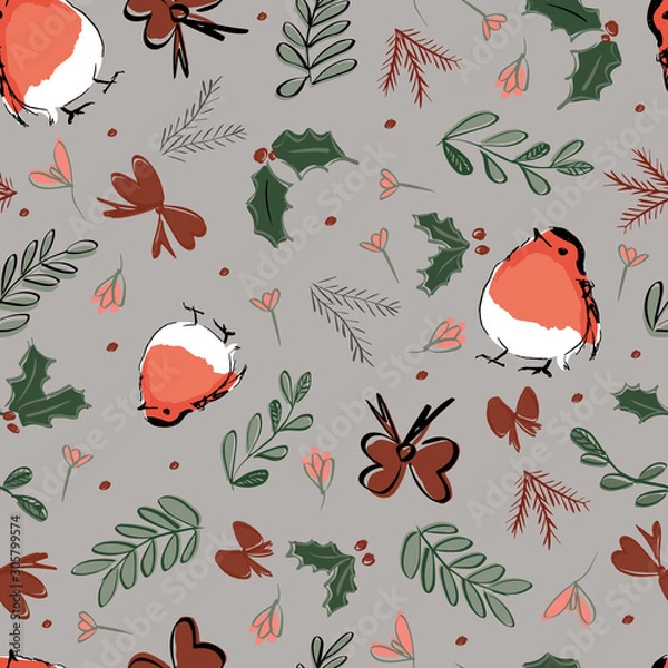 Fototapeta christmas robin decorations seamless repeat pattern