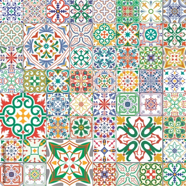 Fototapeta Big set of tiles in portuguese, spanish, italian style. For wallpaper, backgrounds, decoration for your design, ceramic, page fill and more.