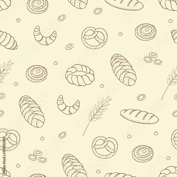 Obraz Hand drawn vector seamless pattern with different kind of bread
